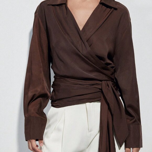 Brown Casual Women's French Criss-Cross Strap V-Neck Blouse - Picture 4 of 7